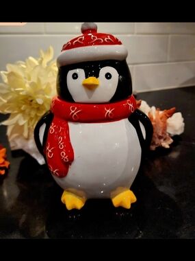 Holiday Penguin Ceramic Cookie Jar - Red Scarf & Hat